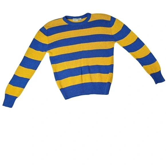 Oakton Ltd Striped Knit Sweater Blue Yellow Long Sleeve Crew Neck Women's Large - Picture 1 of 7